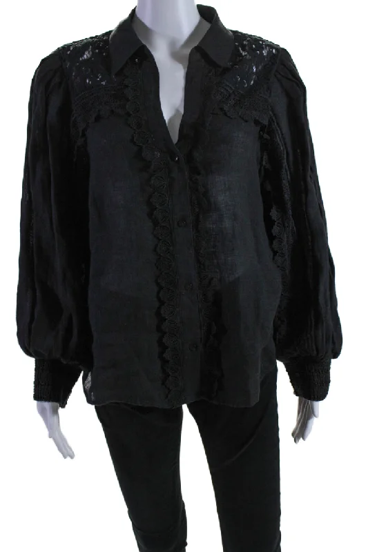 Alice + Olivia Womens Linen Collared Buttoned Long Sleeve Blouse Black Slim Fit Blouse Alice + Olivia Womens Linen Collared Buttoned Long Sleeve Blouse Black Slim Fit Blouse
