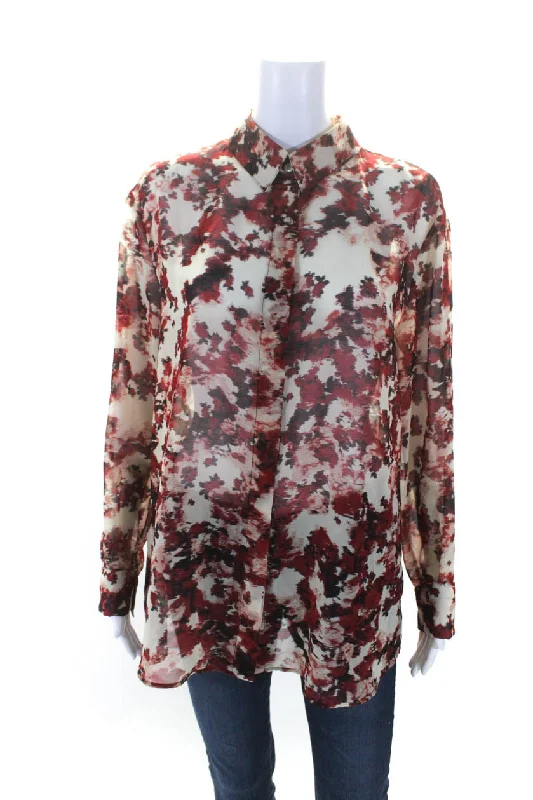 Altuzarra Womens Dust Abstract Chiffon Button Up Top Blouse Red Ecru Feminine Tie Blouse Altuzarra Womens Dust Abstract Chiffon Button Up Top Blouse Red Ecru Feminine Tie Blouse