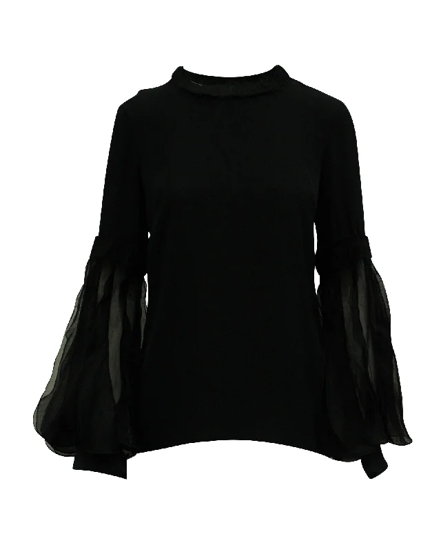 Andrew Gn Bell Sleeves Blouse in Black Silk Floral Chiffon Blouse