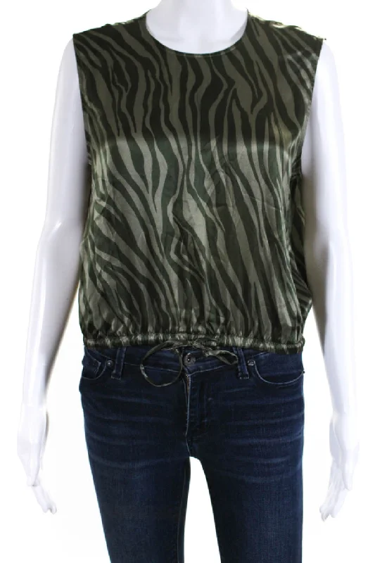 ATM Womens Silk Animal Print Drawstring Waist Sleeveless Blouse Top Green Boho Chic Blouse ATM Womens Silk Animal Print Drawstring Waist Sleeveless Blouse Top Green Boho Chic Blouse