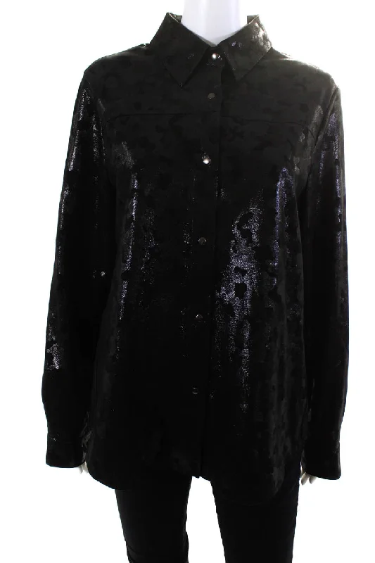 Blue Ice Womens Black Leather Shiny Camouflaged Paper Print Blouse Top Casual Relaxed Blouse Blue Ice Womens Black Leather Shiny Camouflaged Paper Print Blouse Top Casual Relaxed Blouse