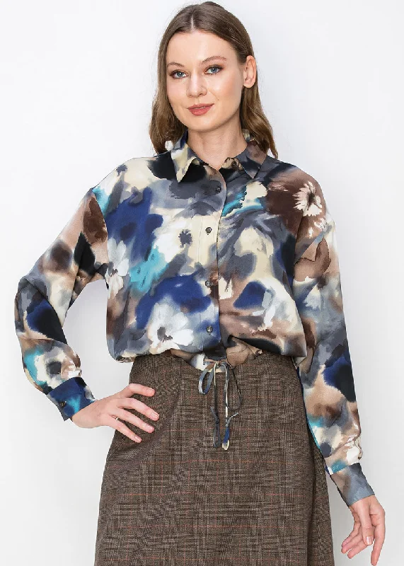 Blue Watercolor Floral Blouse Chic Square Blouse