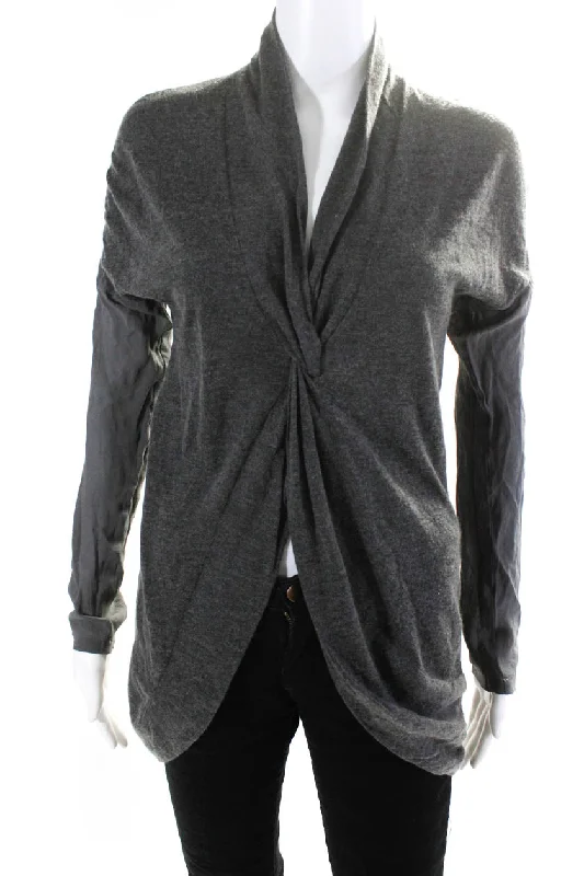 Brunello Cucinelli Women's V-Neck Long Sleeves Tunic Blouse Gray Romantic Lace Blouse Brunello Cucinelli Women's V-Neck Long Sleeves Tunic Blouse Gray Romantic Lace Blouse