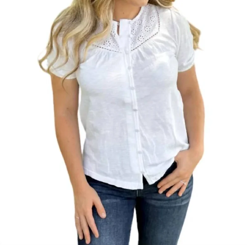 Button Down Knit Blouse In White Soft Satin Blouse