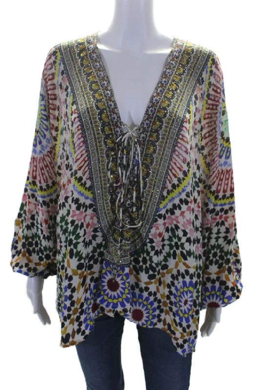 Camilla Womens Silk Beaded Multicolor Print Lace Up Long Sleeve Blouse Top Delicate Bow Blouse Camilla Womens Silk Beaded Multicolor Print Lace Up Long Sleeve Blouse Top Delicate Bow Blouse