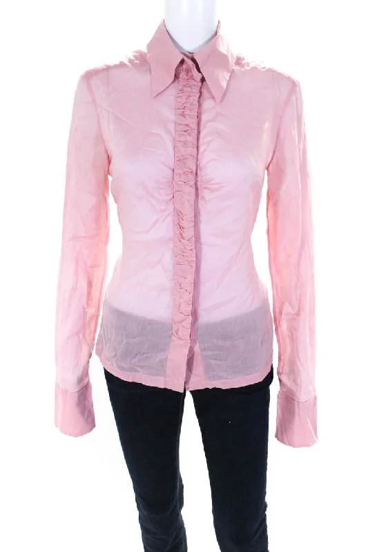 Chanel Women's Long Sleeve Collared Ruffle Trim Blouse Pink Casual Relaxed Blouse