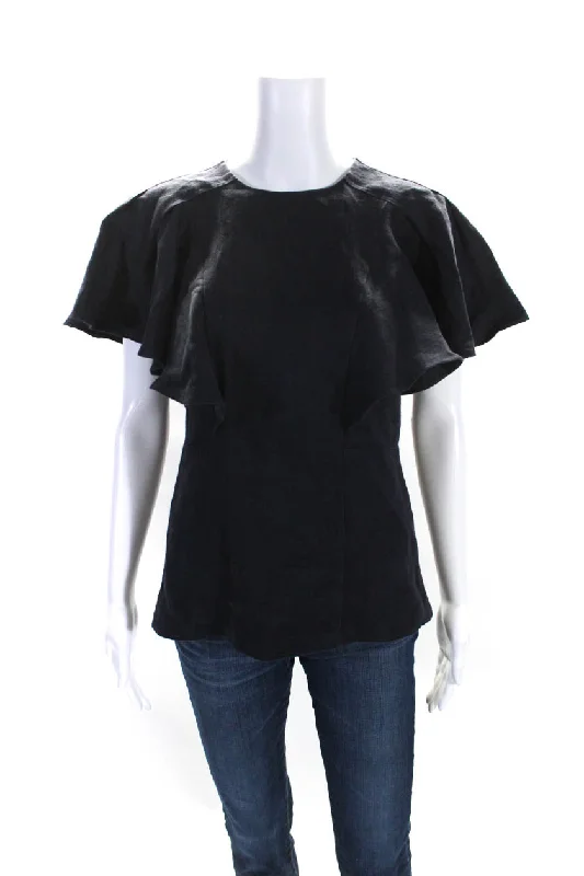 Chloe Womens Navy Blue Linen Ruffle Crew Neck Short Sleeve Blouse Top Wrap Front Blouse Chloe Womens Navy Blue Linen Ruffle Crew Neck Short Sleeve Blouse Top Wrap Front Blouse