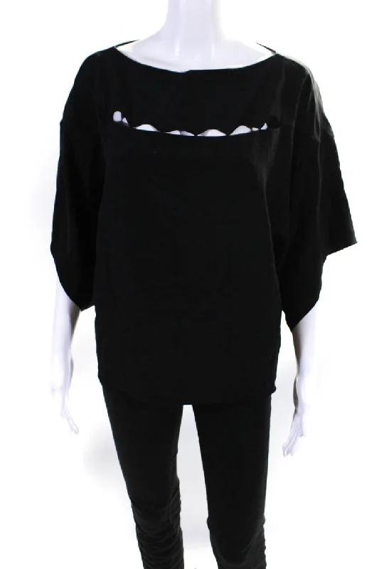 Chloe Women's Short Sleeve Cut Out Silk Crewneck Blouse Black Elegant Office Blouse