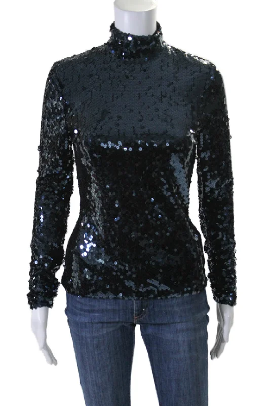 Christian Dior Womens Navy Blue Sequins Mock Neck Long Sleeve Blouse Top Drape Neck Blouse