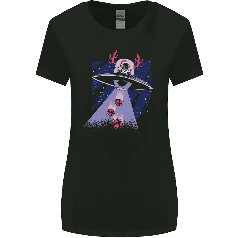 Christmas Alien Xmas Present Abduction UFO Funny Womens Wider Cut T-Shirt