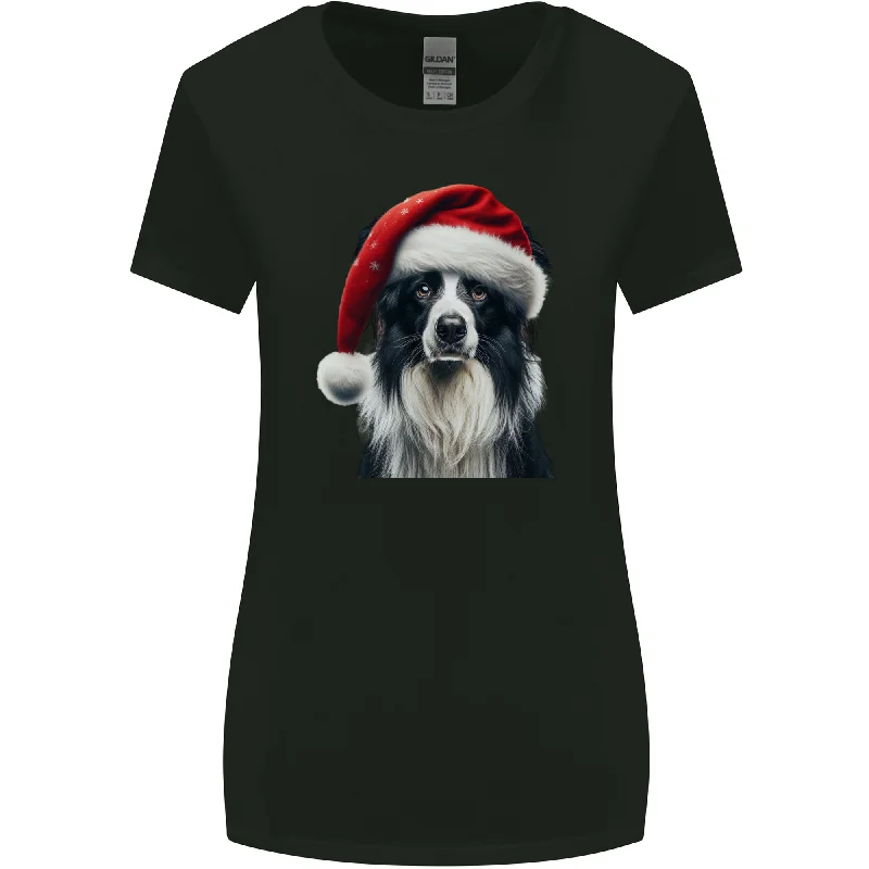 Christmas Border Collie Wearing an Xmas Hat Dog Womens Wider Cut T-Shirt