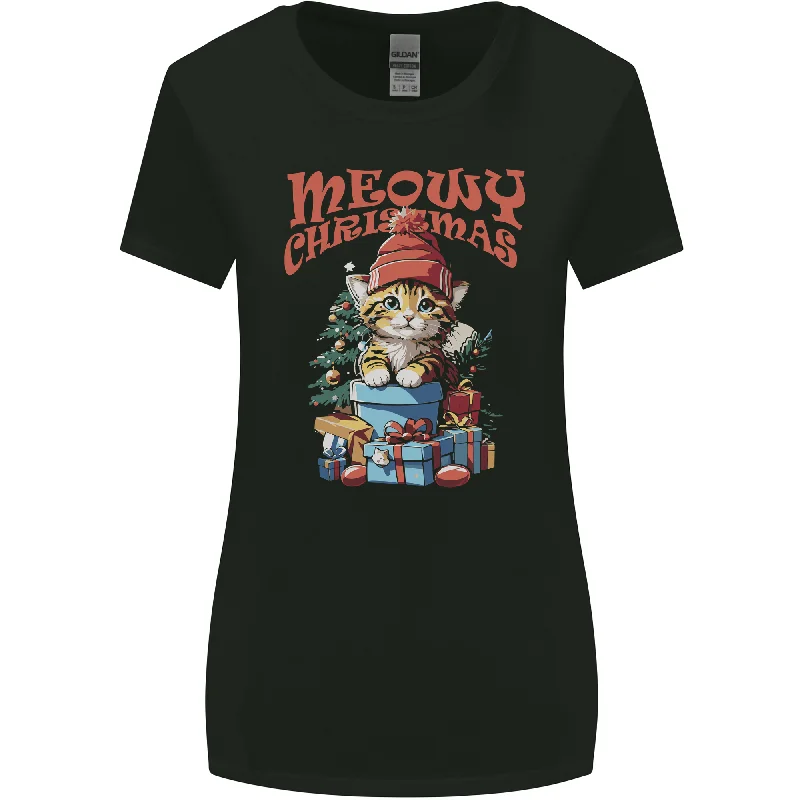 Christmas Cat Meowy Xmas Funny Womens Wider Cut T-Shirt