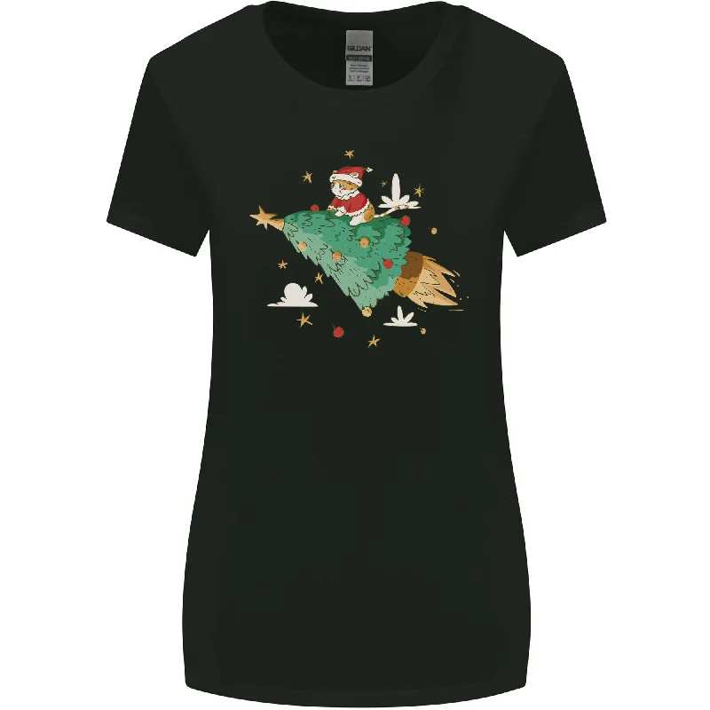 Christmas Cat Space Rocket Xmas Tree Ship Womens Wider Cut T-Shirt