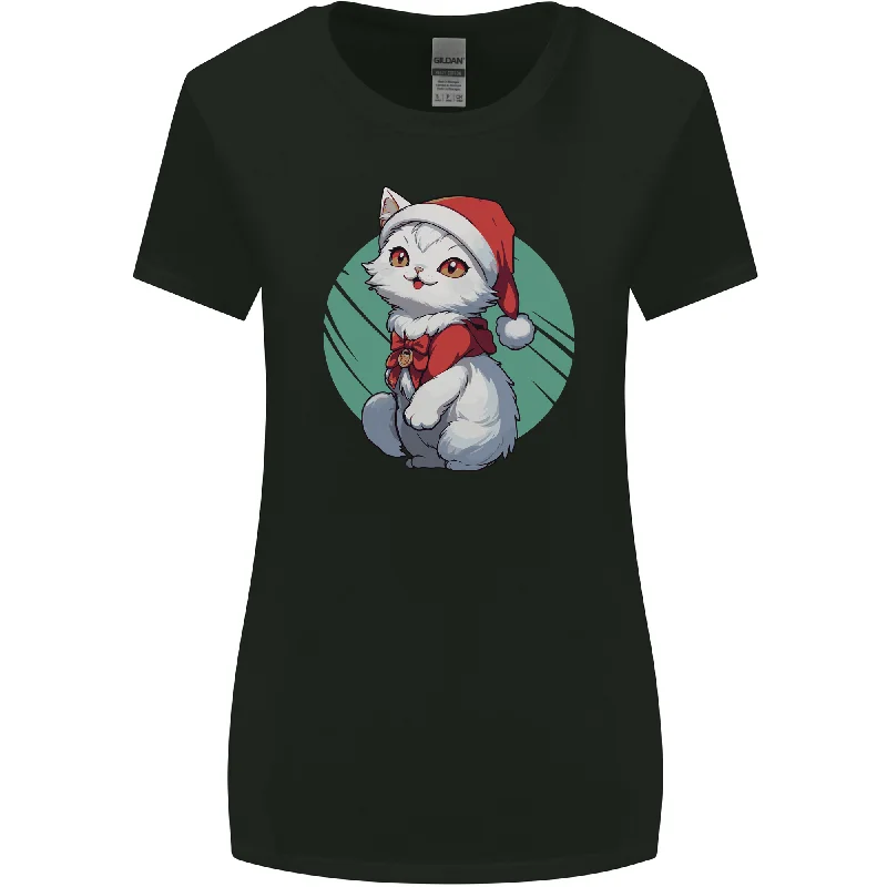 Christmas Cat With Green Background Womens Wider Cut T-Shirt