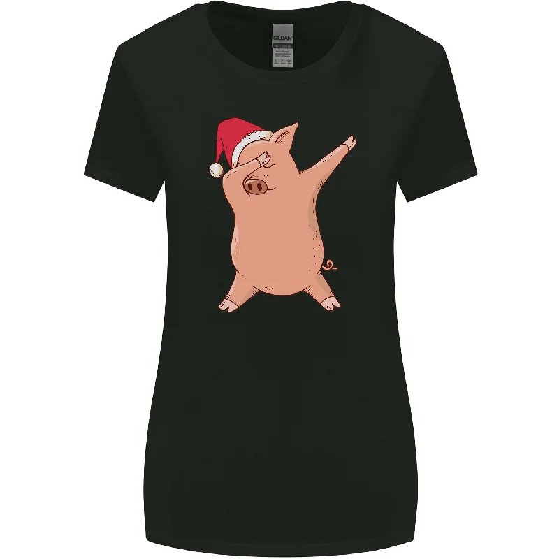 Christmas Dabbing Pig Wearing an Xmas Hat Womens Wider Cut T-Shirt