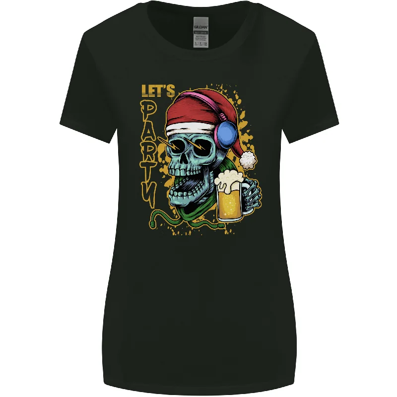 Christmas Party Skull Drinking Beer Alcohol Womens Wider Cut T-Shirt