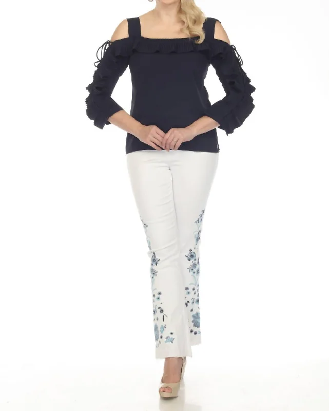 Cold Shoulder Blouse In Black Classic Striped Blouse