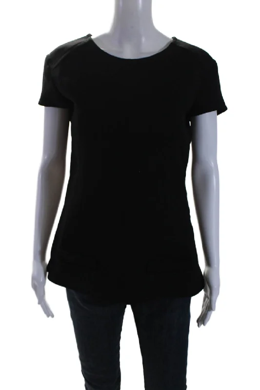 Courreges Womens Black Crew Neck Faux Pockets Short Sleeve Blouse Top Elegant Office Blouse