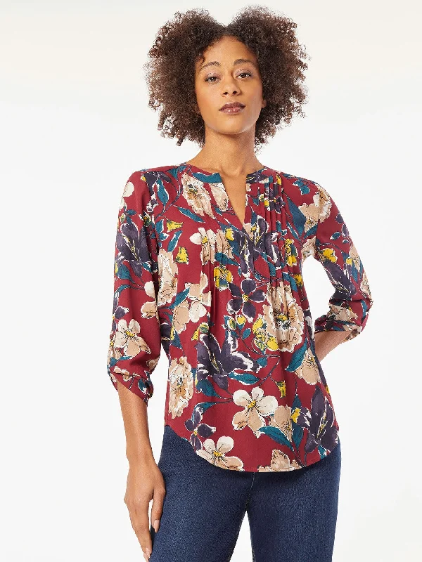 Crepe de Chine Roll Tab Pintuck Blouse Loose Oversized Blouse