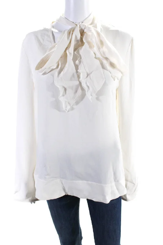 Derek Lam Womens Long Sleeve Collared V Neck Blouse White Lightweight Floral Blouse