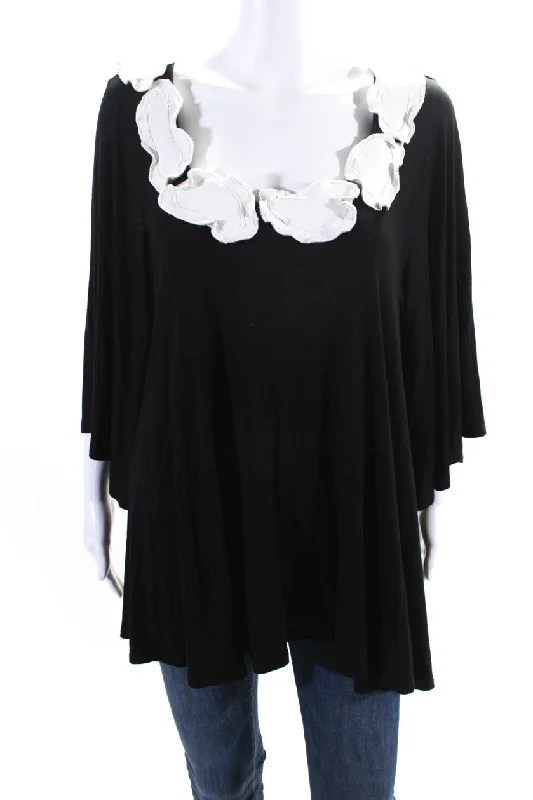 Designer Womens Ruffled Applique Neckline Blouse Black White Pastel Color Blouse