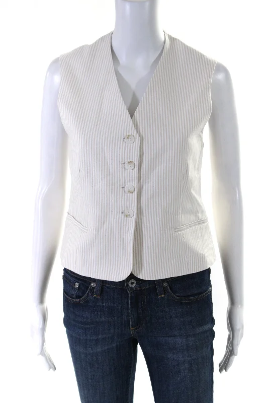 Drew Womens Striped Button Down Harper Vest Blouse Beige White Cotton Satin Bow Blouse Drew Womens Striped Button Down Harper Vest Blouse Beige White Cotton Satin Bow Blouse