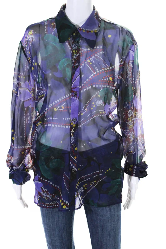 Dsquared2 Womens Sheer Spotted Print Button Long Sleeve Blouse Purple Loose Oversized Blouse Dsquared2 Womens Sheer Spotted Print Button Long Sleeve Blouse Purple Loose Oversized Blouse