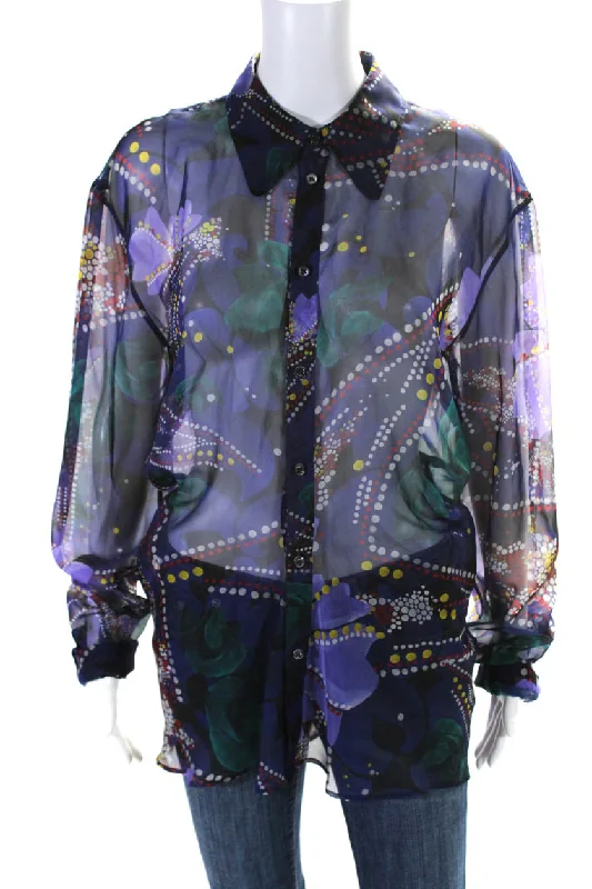 Dsquared2 Womens Spotted Print Sheer Collared Button Blouse Purple Embroidered Floral Blouse Dsquared2 Womens Spotted Print Sheer Collared Button Blouse Purple Embroidered Floral Blouse