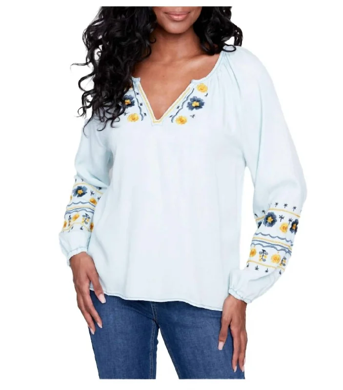 Embroidered Tencel Long Sleeve V-Neck Blouse In Denim Chic Sleeveless Blouse