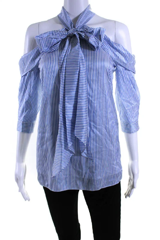 Erdem Womens Striped Satin Off Shoulder Halter Top Blouse White Blue Silk Soft Modal Blouse Erdem Womens Striped Satin Off Shoulder Halter Top Blouse White Blue Silk Soft Modal Blouse