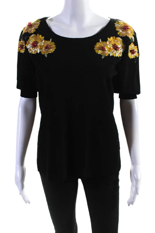 Escada Womens Black Floral Applique Crew Neck Short Sleeve Blouse Top Ruched Sleeve Blouse Escada Womens Black Floral Applique Crew Neck Short Sleeve Blouse Top Ruched Sleeve Blouse