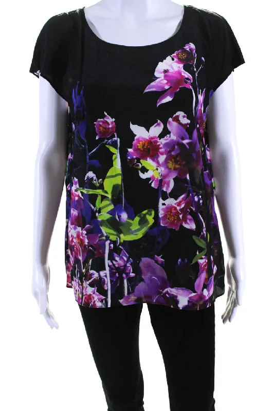 Escada Womens Silk Floral Print Short Sleeves Blouse Black Puff Sleeve Blouse