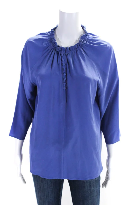 Etro Womens Dusty Blue Silk Ruffle Crew Neck 3/4 Sleeve Blouse Top Satin Drape Blouse Etro Womens Dusty Blue Silk Ruffle Crew Neck 3/4 Sleeve Blouse Top Satin Drape Blouse