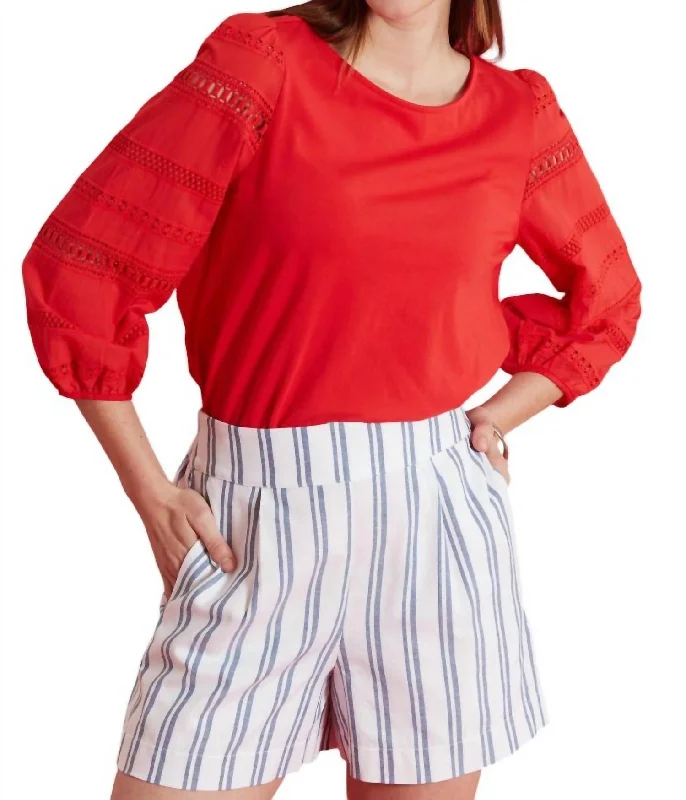 Eyelet Sleeve Blouse In Red Feminine Pastel Blouse