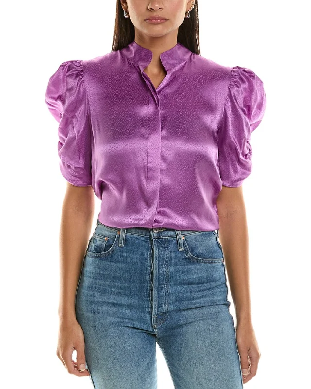FRAME Denim Puff Sleeve Silk Blouse Off-Shoulder Wrap Blouse