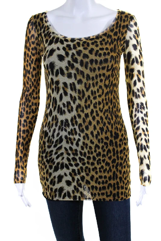 Fuzzi Womens Mesh Leopard Print Slim Fit Blouse Brown Bell Sleeve Blouse