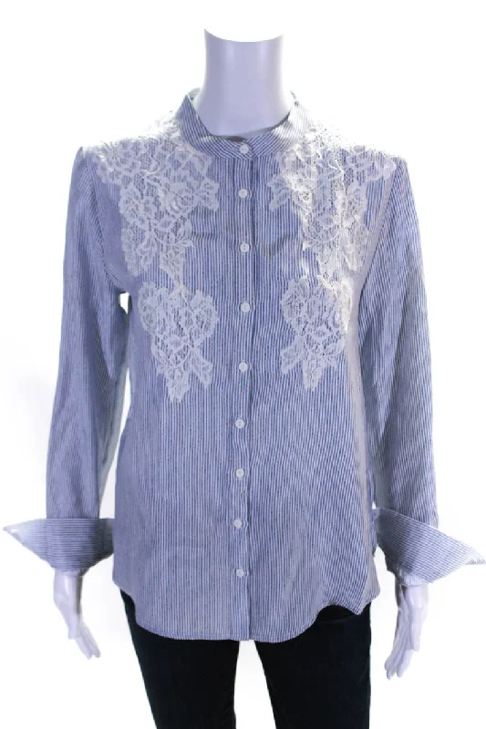Gold Hawk Womens Blue Silk Striped Lace Long Sleeve Button Blouse Top Bell Sleeve Blouse Gold Hawk Womens Blue Silk Striped Lace Long Sleeve Button Blouse Top Bell Sleeve Blouse