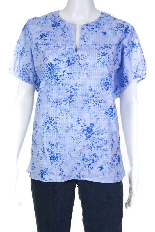 Harvey Faircloth Womens Gingham Floral Puff Sleeve Blouse Blue Casual Button Blouse