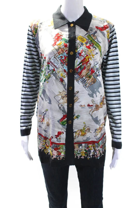 Hermes Womens Gray Silk Graphic Print Collar Long Sleeve Blouse Top Mandarin Collar Blouse Hermes Womens Gray Silk Graphic Print Collar Long Sleeve Blouse Top Mandarin Collar Blouse