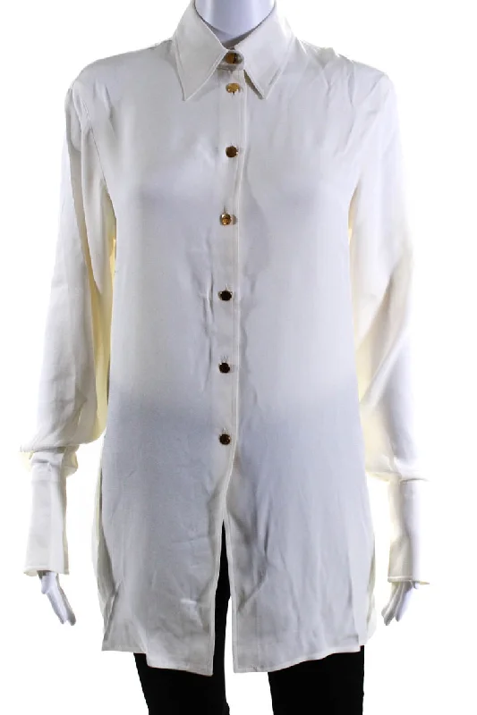 Hermes Womens Solid Cream Silk Collar Long Sleeve Button Down Blouse Top Elegant Silk Blouse Hermes Womens Solid Cream Silk Collar Long Sleeve Button Down Blouse Top Elegant Silk Blouse