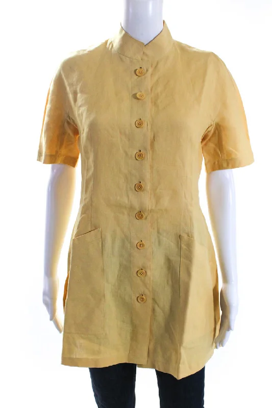 Hermes Womens Yellow Linen Crew Neck Short Sleeve Slit Tunic Blouse Top Off-Shoulder Wrap Blouse Hermes Womens Yellow Linen Crew Neck Short Sleeve Slit Tunic Blouse Top Off-Shoulder Wrap Blouse