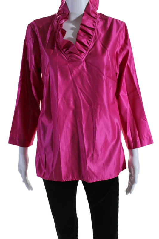 Hinson Wu Womens Cotton 3/4 Sleeve Helena Pleated Blouse Fuchsia Pink Embroidered Cotton Blouse Hinson Wu Womens Cotton 3/4 Sleeve Helena Pleated Blouse Fuchsia Pink Embroidered Cotton Blouse