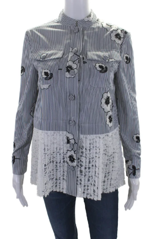Huishan Zhang Womens Striped Floral Embroidered Pleated Lace Blouse Blue Boho Chic Blouse Huishan Zhang Womens Striped Floral Embroidered Pleated Lace Blouse Blue Boho Chic Blouse