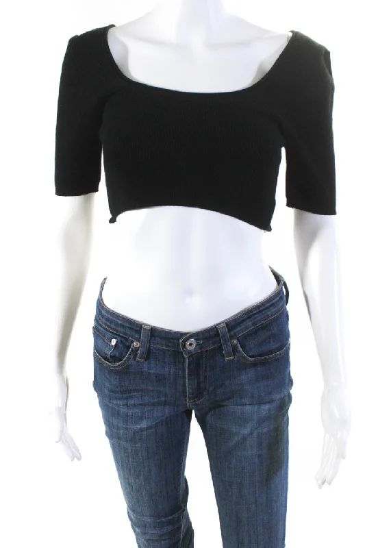Jacquemus Womens Black Ribbed Scoop Neck Cropped Short Sleeve Blouse Top Embellished Collar Blouse Jacquemus Womens Black Ribbed Scoop Neck Cropped Short Sleeve Blouse Top Embellished Collar Blouse