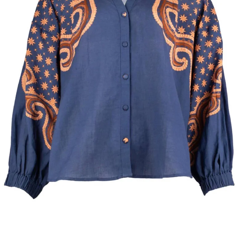 Jill Blouse In Navy Camel Lightweight Tunic Blouse