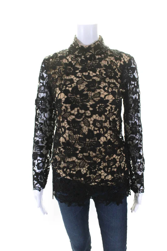 Julian Chang Womens Floral Print Lace Layered Mock Neck Blouse Top Black Chic Square Blouse Julian Chang Womens Floral Print Lace Layered Mock Neck Blouse Top Black Chic Square Blouse