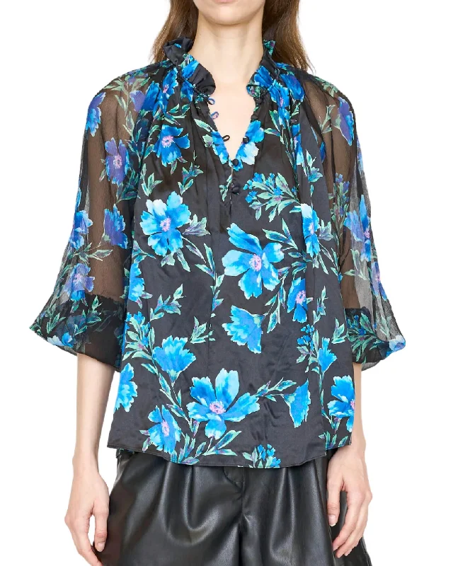 Karla Blouse In Sapphire Poinsettia Sheer Mesh Blouse
