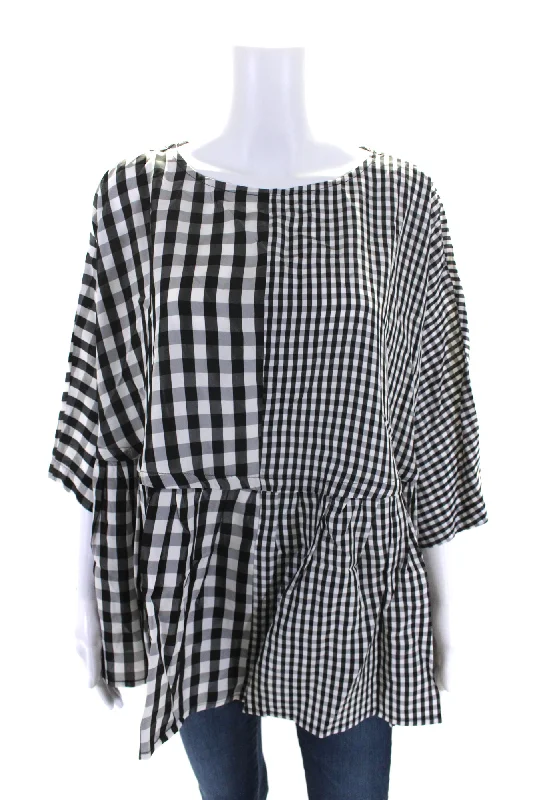Kedem Sasson Womens Oversize Short Sleeve Gingham Top Blouse Black White Airy Cotton Blouse