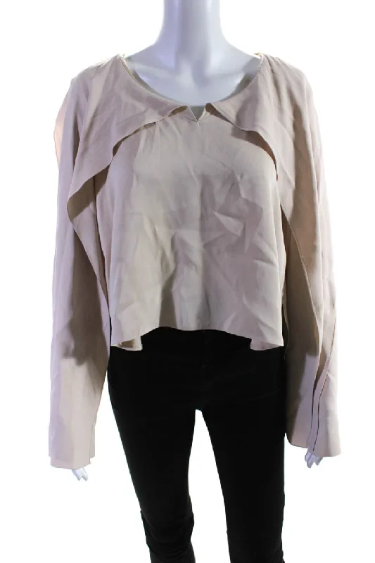 Khaite Womens Long Sleeve Crepe Tie Neck Top Blouse Beige Loose Fit Blouse