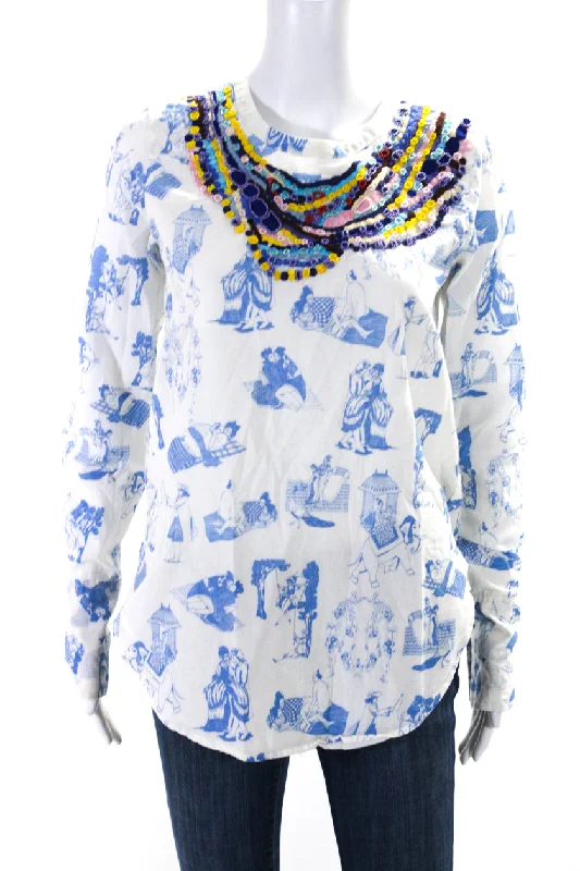 Kilometre Paris Womens Cotton Graphic Embroidered Buttoned Blouse White High Neck Blouse Kilometre Paris Womens Cotton Graphic Embroidered Buttoned Blouse White High Neck Blouse